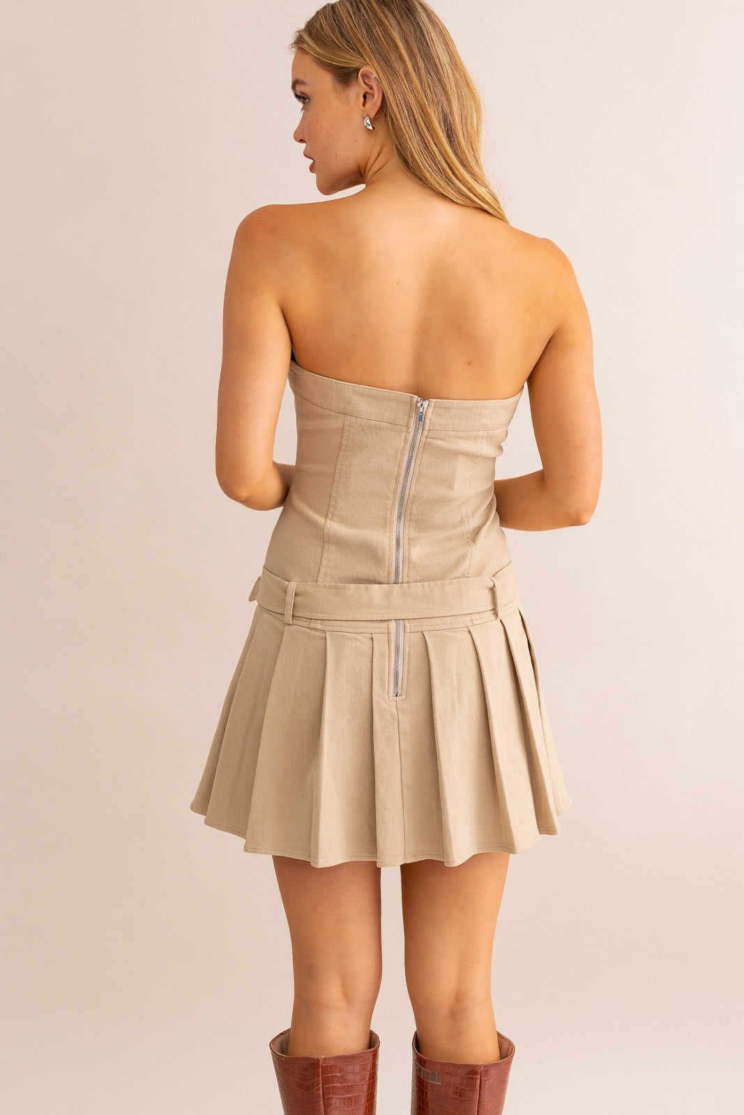 Low Waist Pleated Skirt Tube Mini Dress