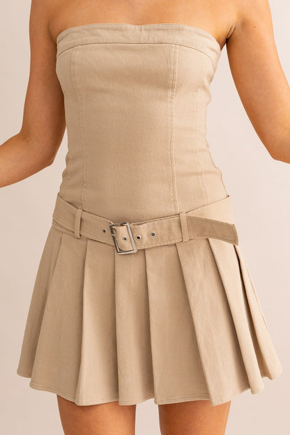 Low Waist Pleated Skirt Tube Mini Dress